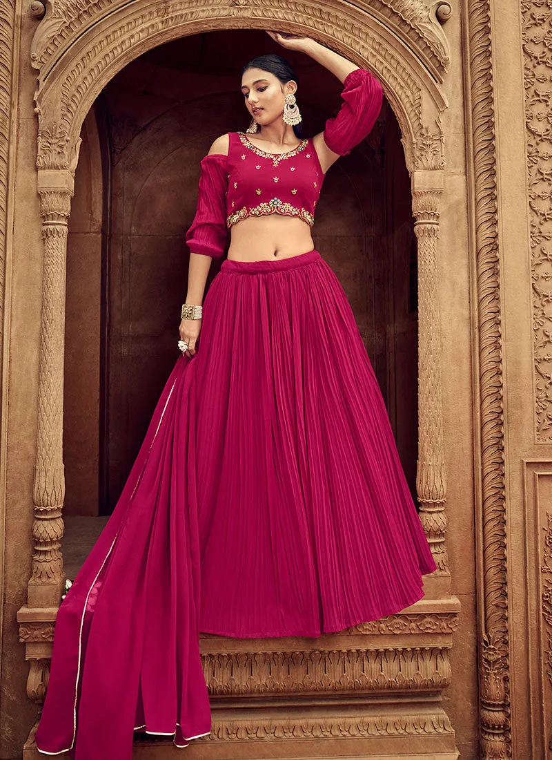 Hot Pink Handwork Embroidery Wedding Lehenga Choli And Dupatta