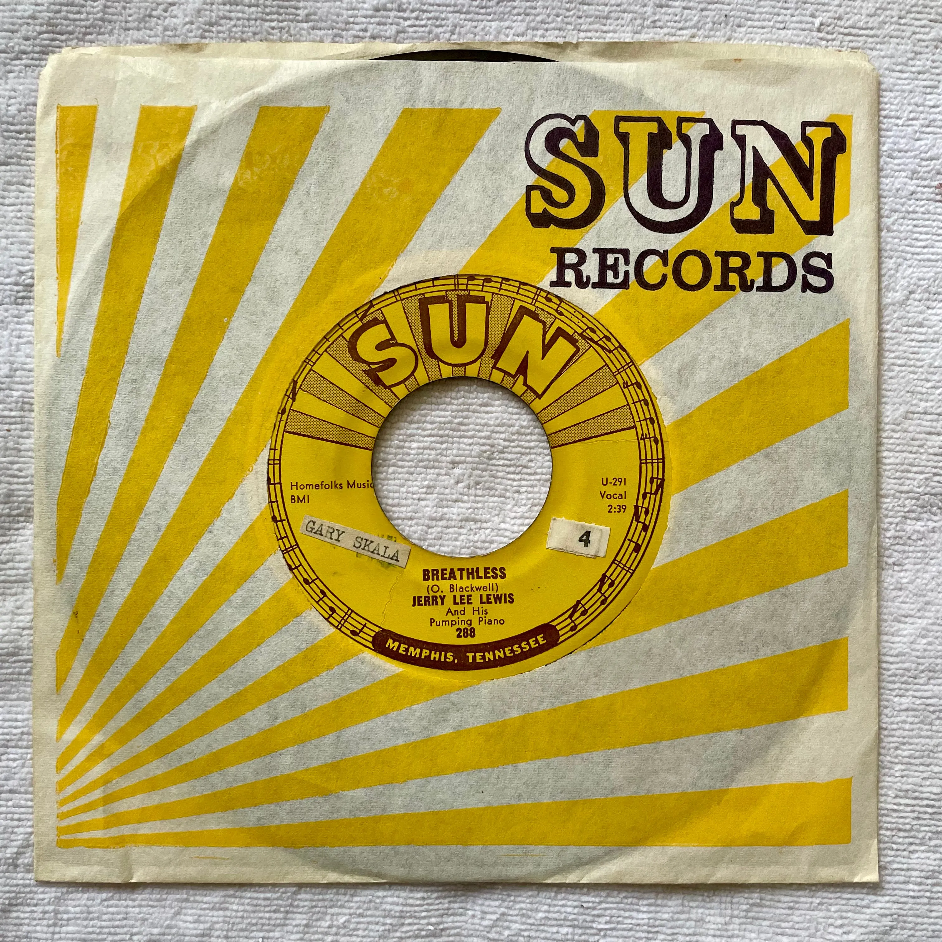 Jerry Lee Lewis - 45 Vinyl Breathless - Down The Line - Premium Original 50's Fan Club Archive #4 Gary Scala Tab