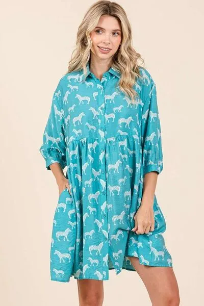 Keep It Wild Seagreen Button Down Shirt Mini Dress