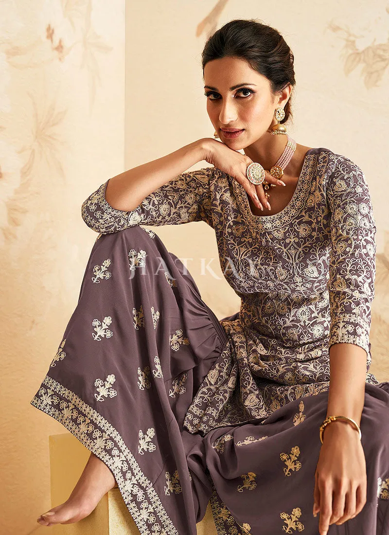 Lavender Designer Embroidery Gharara Suit