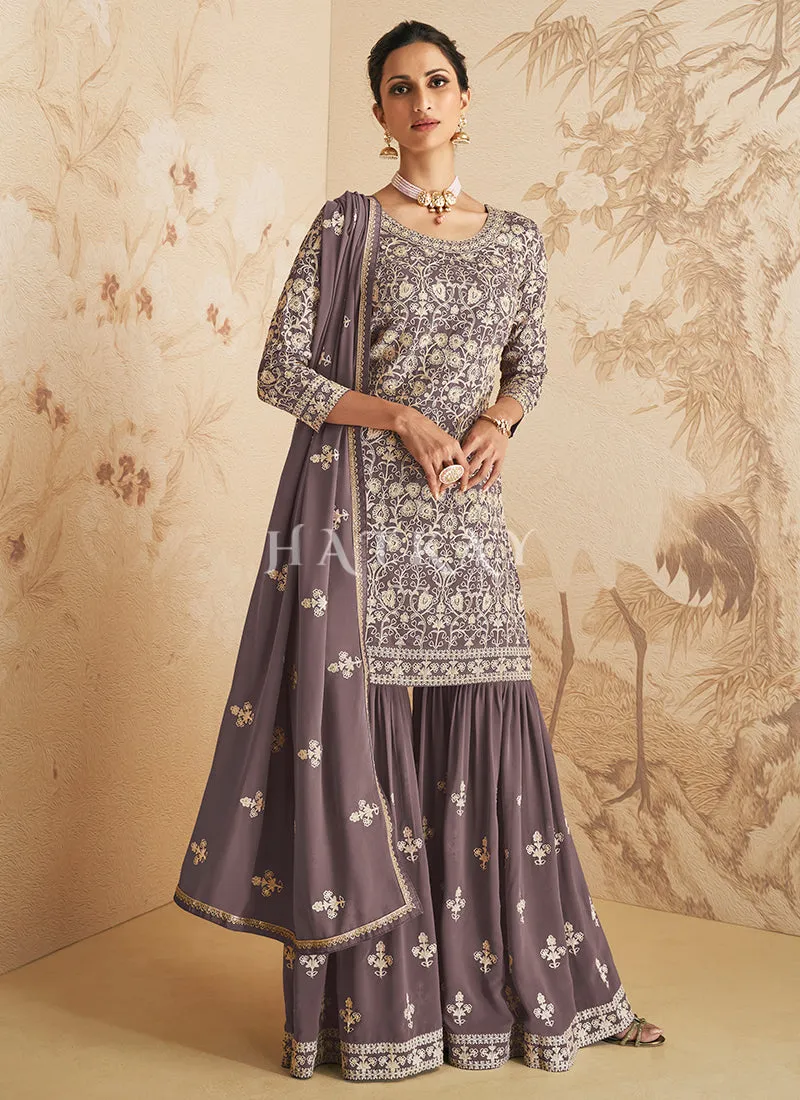 Lavender Designer Embroidery Gharara Suit