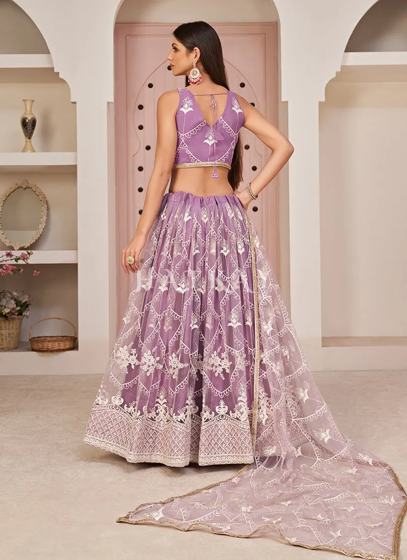 Lavender Embroidered Partywear Lehenga Choli