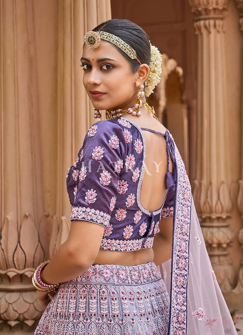 Lavender Purple Multi Velvet Designer Bridal Lehenga Choli