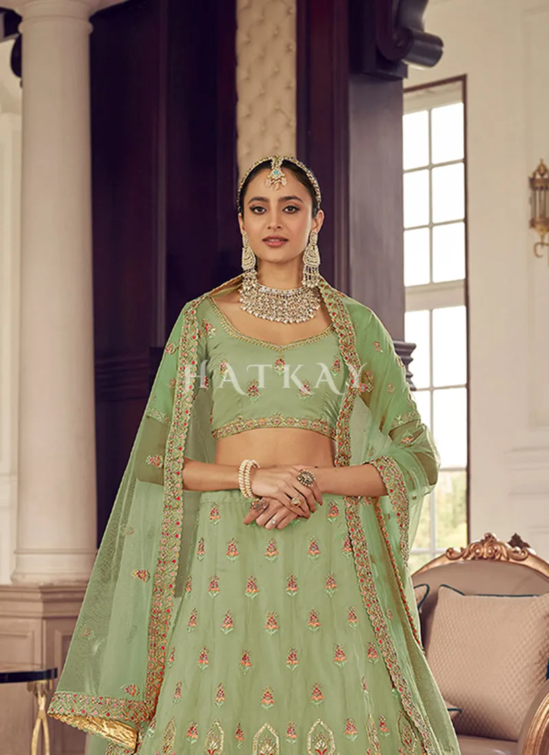 Light Green Multi Appliqué Embroidered Wedding Lehenga Choli