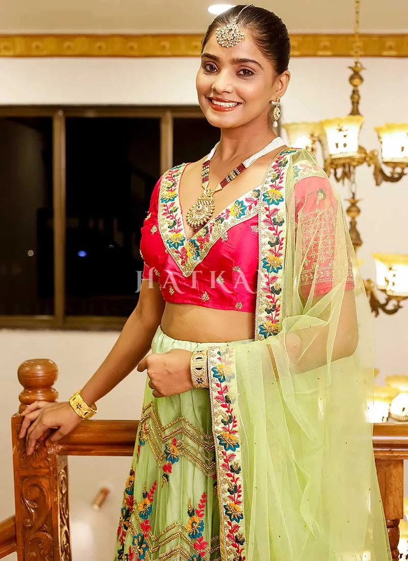 Lime Green And Pink Multi Embroidery Wedding Lehenga Choli