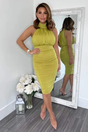 Lime Ruched High Neck Midi Dress