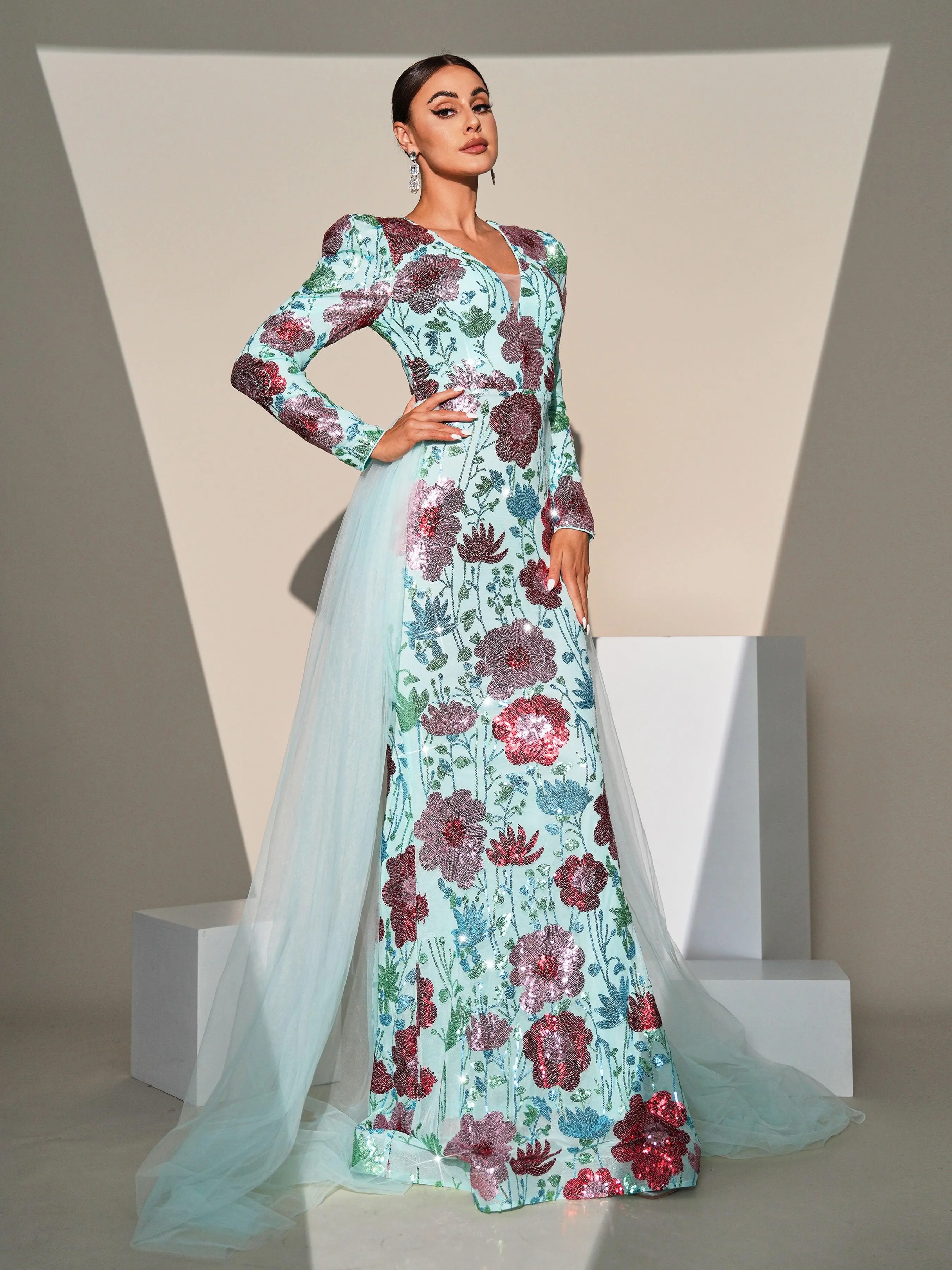 Long Sleeve Floral Sequin Formal Dress MES00557