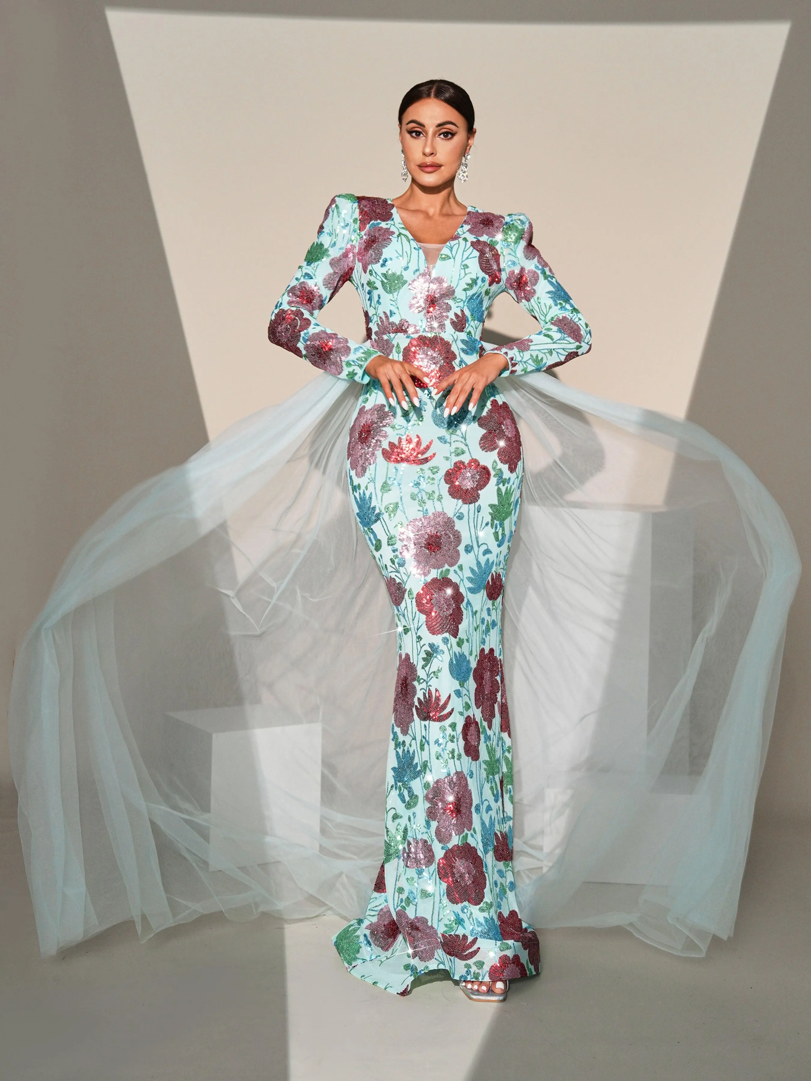 Long Sleeve Floral Sequin Formal Dress MES00557
