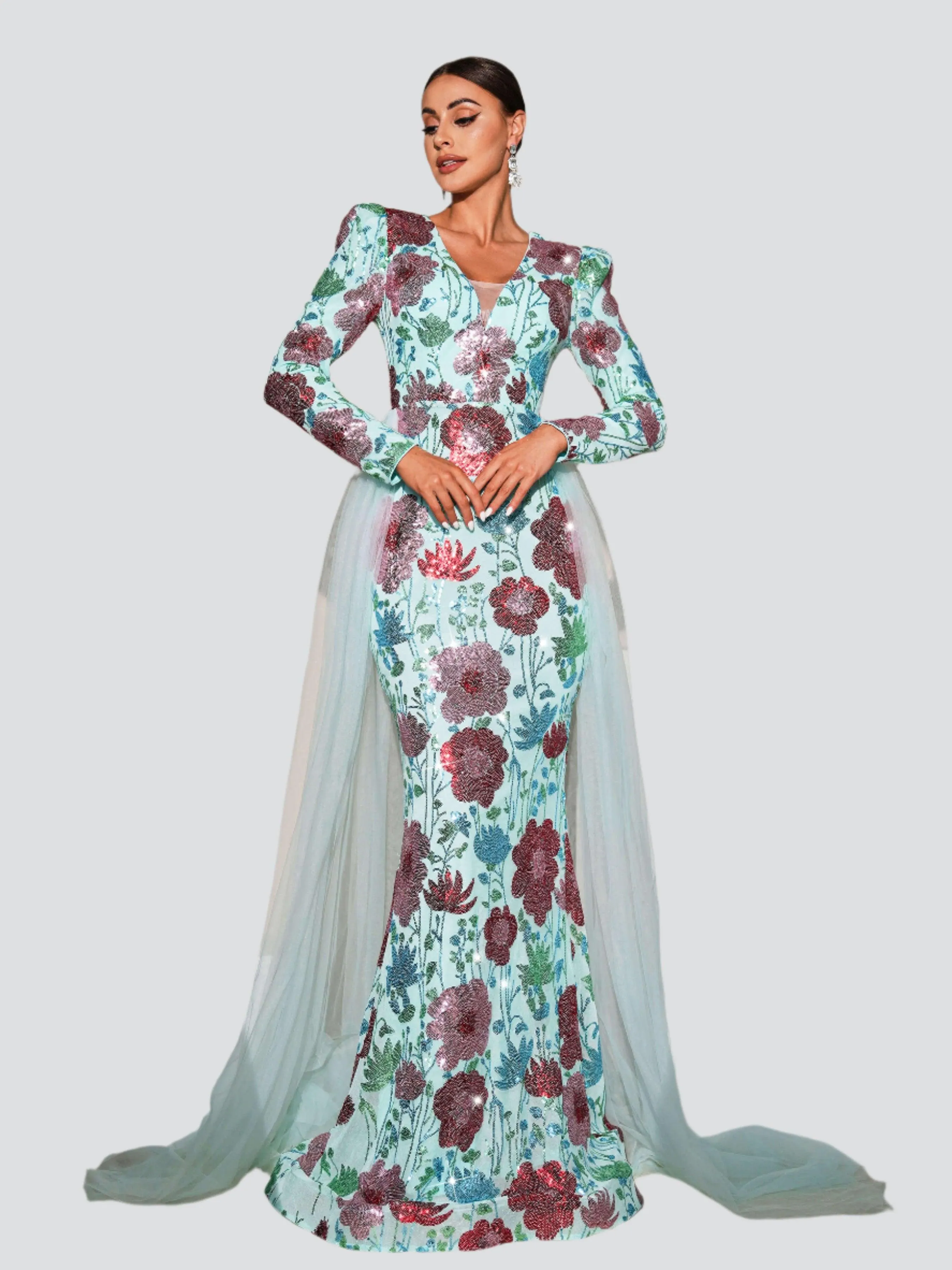 Long Sleeve Floral Sequin Formal Dress MES00557