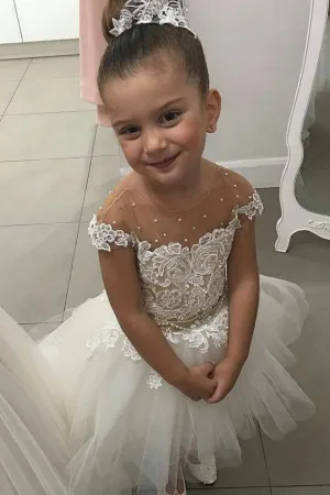 Lovely Cap Sleeve Pearls Appliques High Low Flower Girl Dresses OHR007