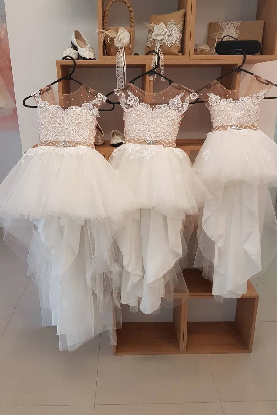 Lovely Cap Sleeve Pearls Appliques High Low Flower Girl Dresses OHR007