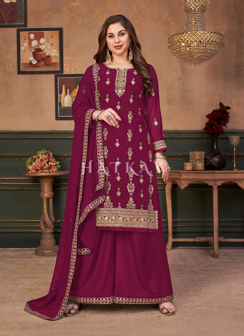 Magenta Traditional Embroidered Designer Palazzo Suit