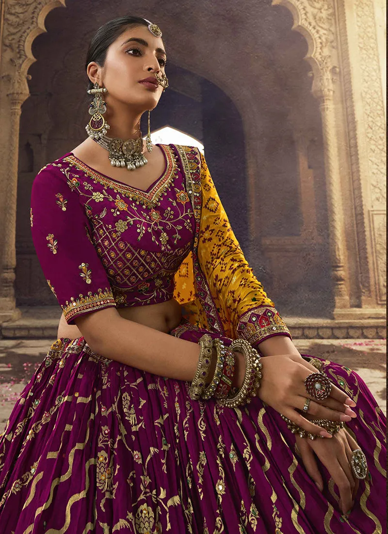 Magenta Yellow Embroidery Viscose Lehenga Choli