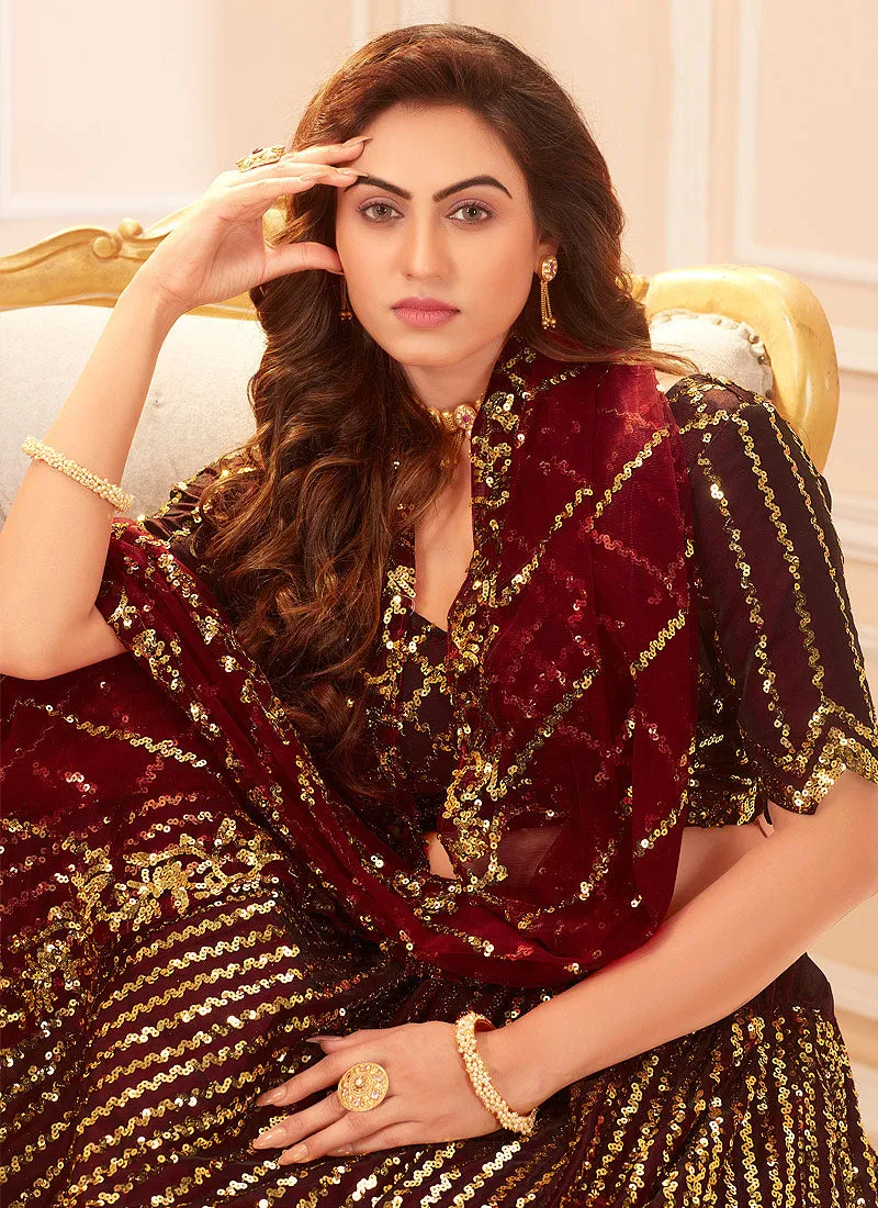 Maroon Golden Sequence Embroidered Lehenga Choli