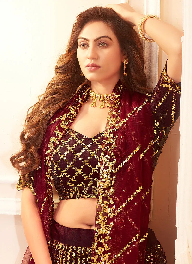 Maroon Golden Sequence Embroidered Lehenga Choli