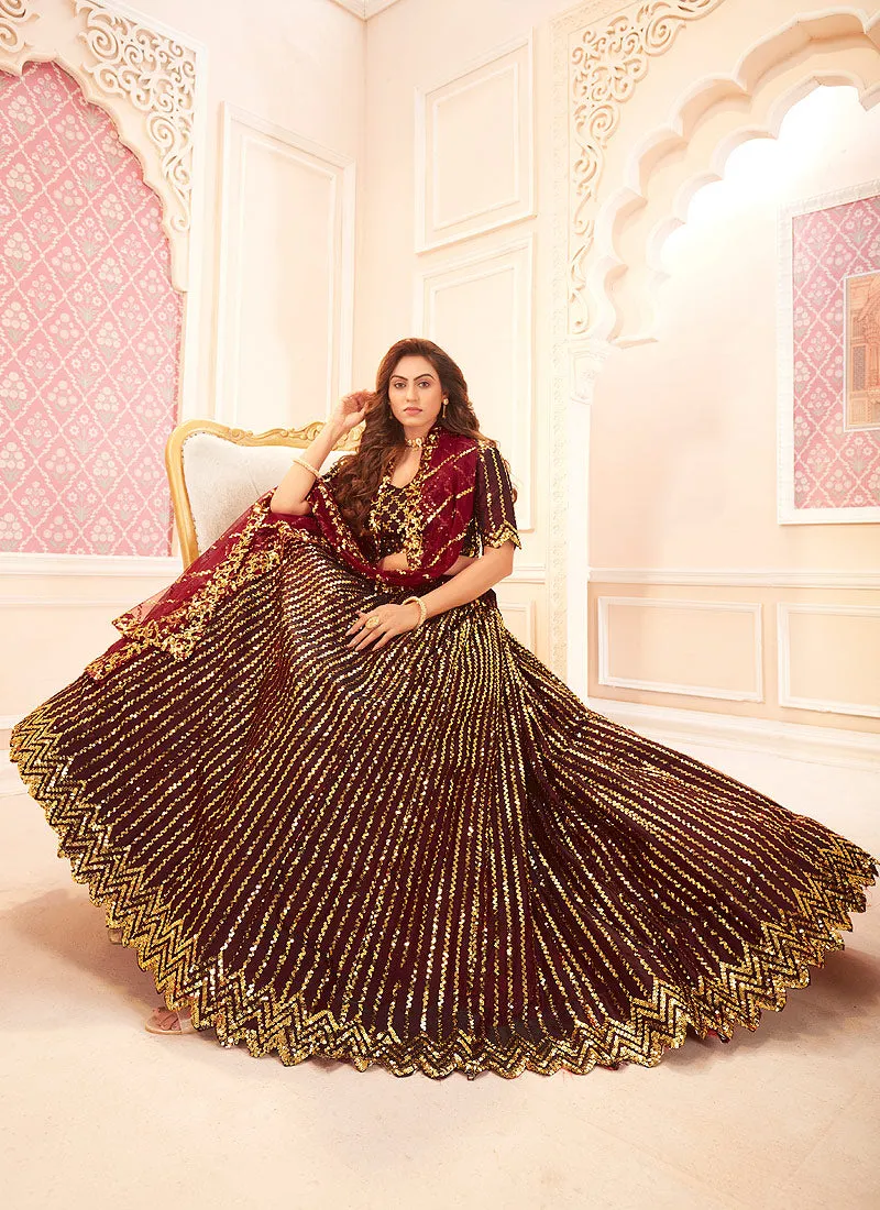 Maroon Golden Sequence Embroidered Lehenga Choli