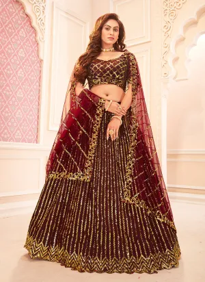 Maroon Golden Sequence Embroidered Lehenga Choli