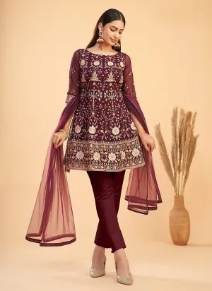 Maroon Multi Kutchi Embroidered Pant Style Suit