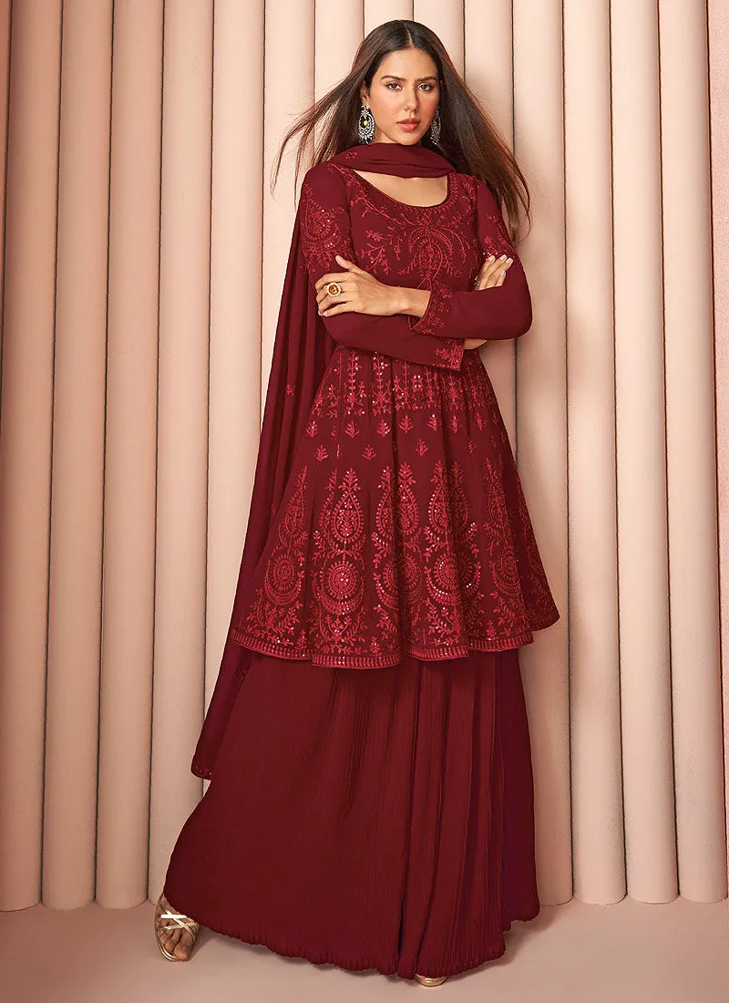 Maroon Sequence Embroidered Designer Sharara Suit
