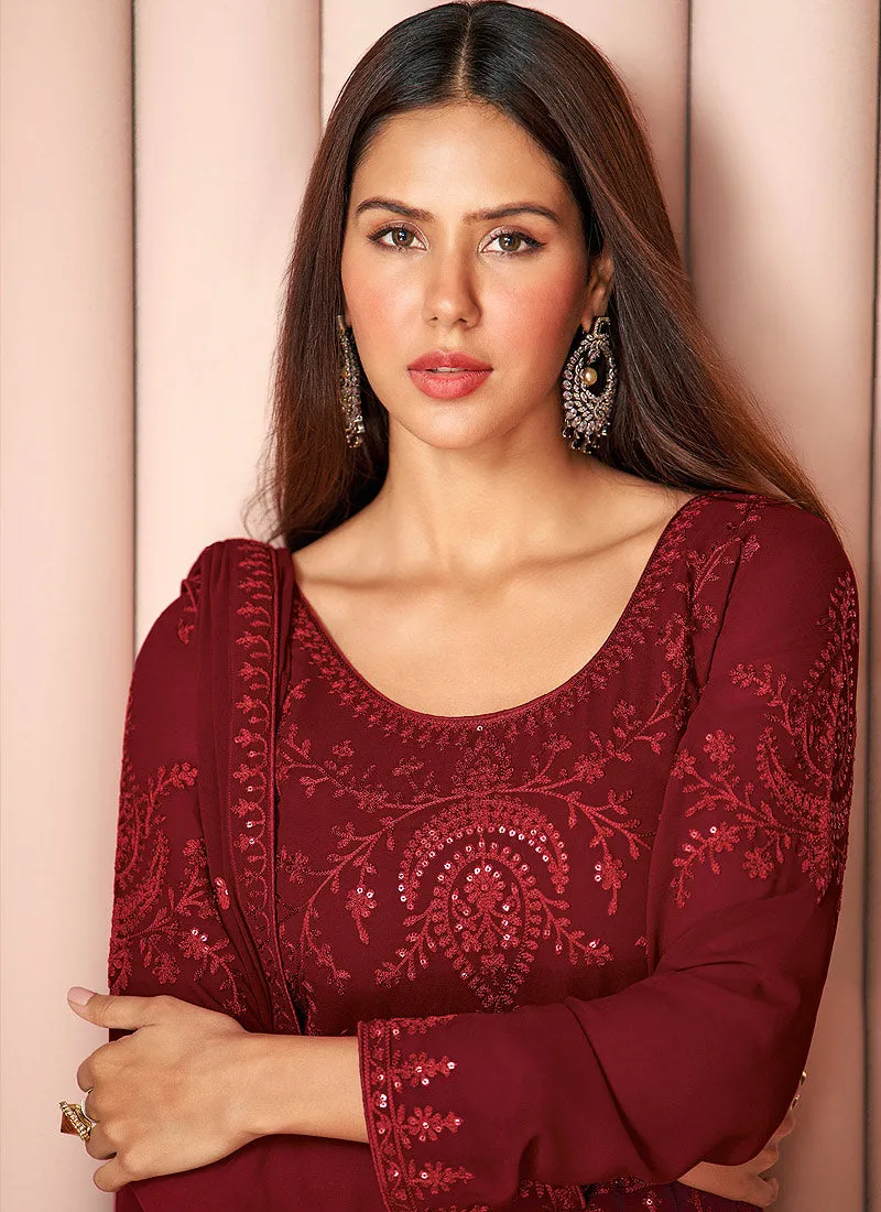 Maroon Sequence Embroidered Designer Sharara Suit