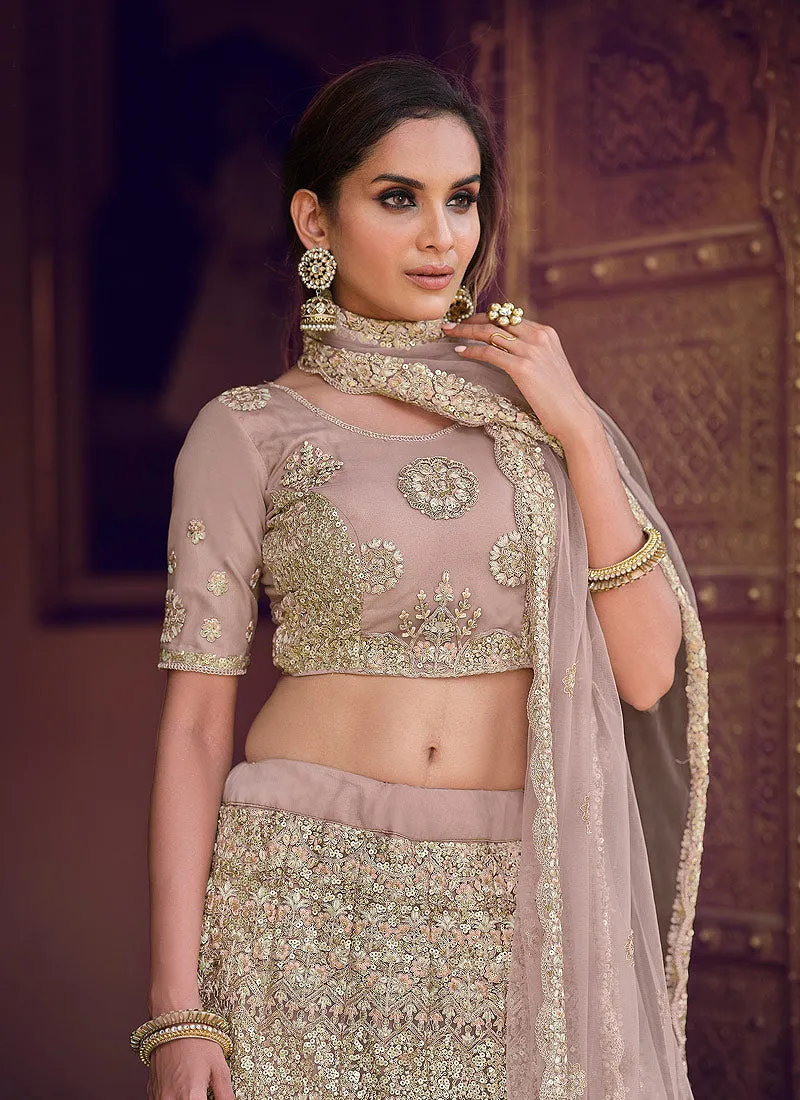 Mauve Golden Zari Embellished Lehenga Choli