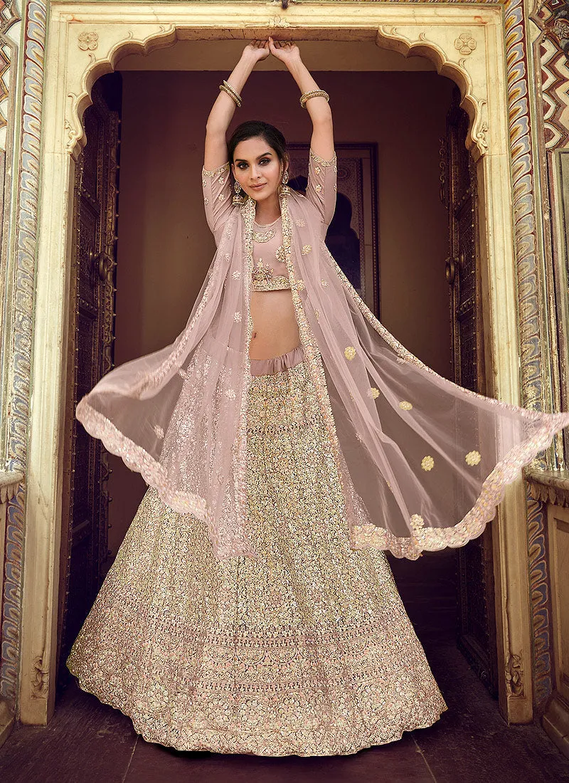 Mauve Golden Zari Embellished Lehenga Choli
