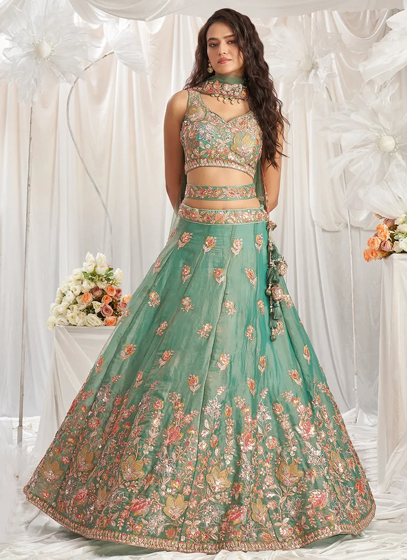 Mint Green Multi Embroidery Designer Lehenga Choli