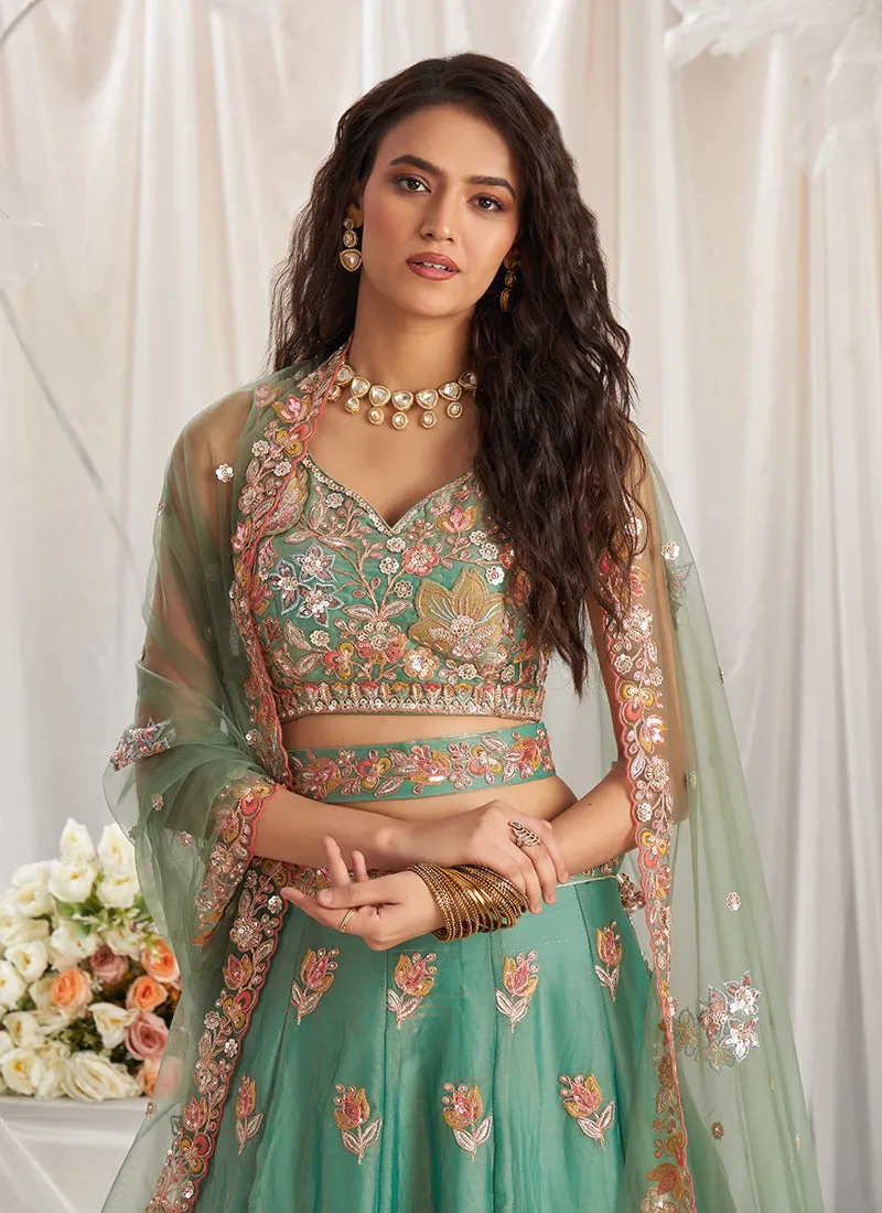 Mint Green Multi Embroidery Designer Lehenga Choli