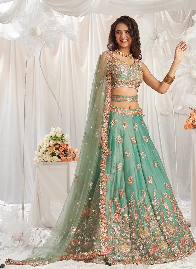 Mint Green Multi Embroidery Designer Lehenga Choli