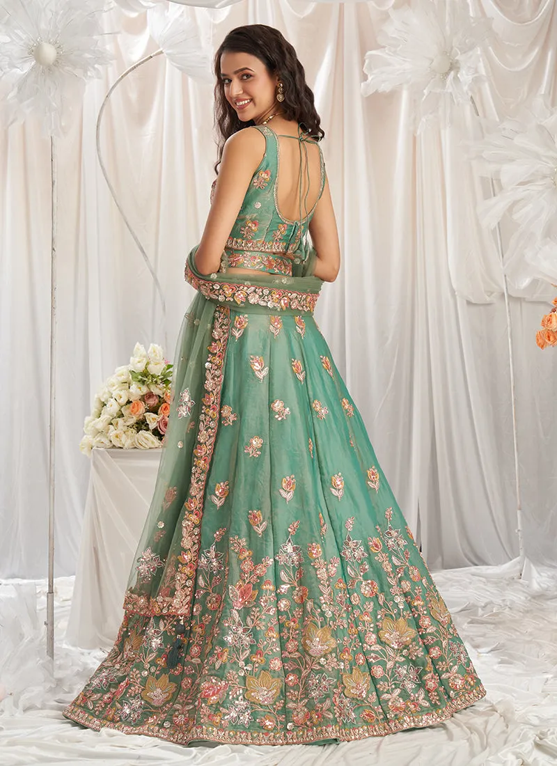 Mint Green Multi Embroidery Designer Lehenga Choli