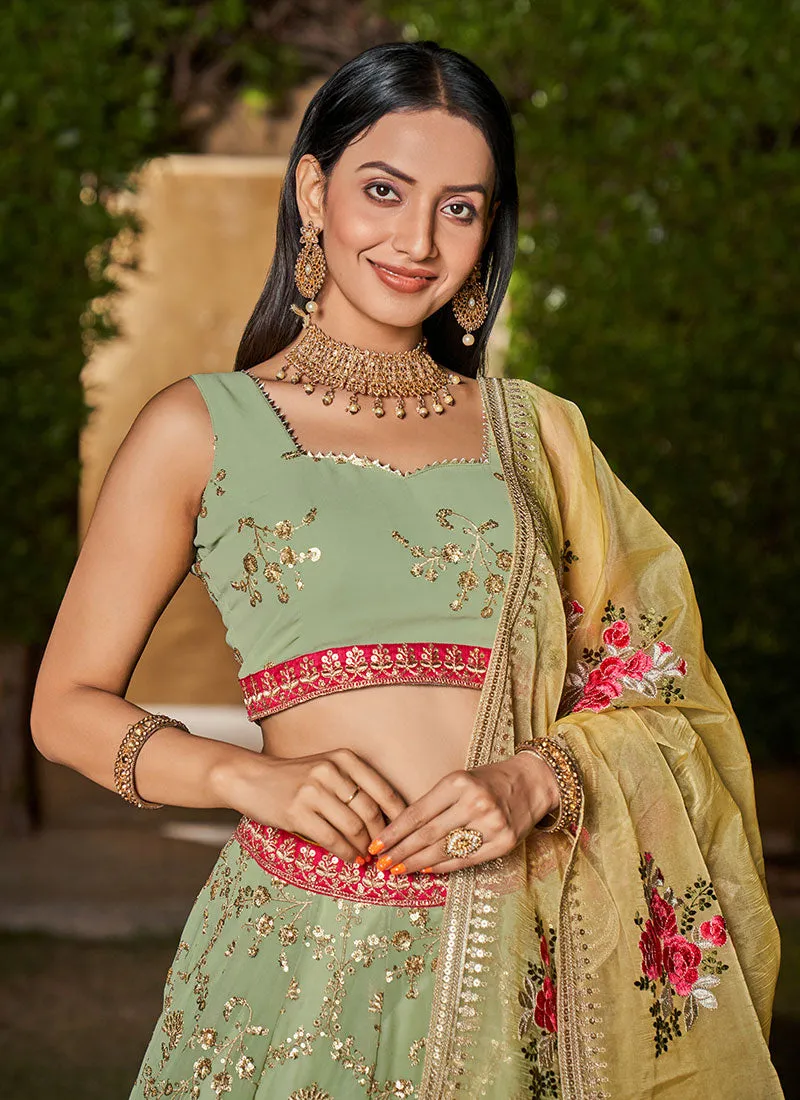 Mint Green Sequence Embroidery Lehenga Choli And Dupatta