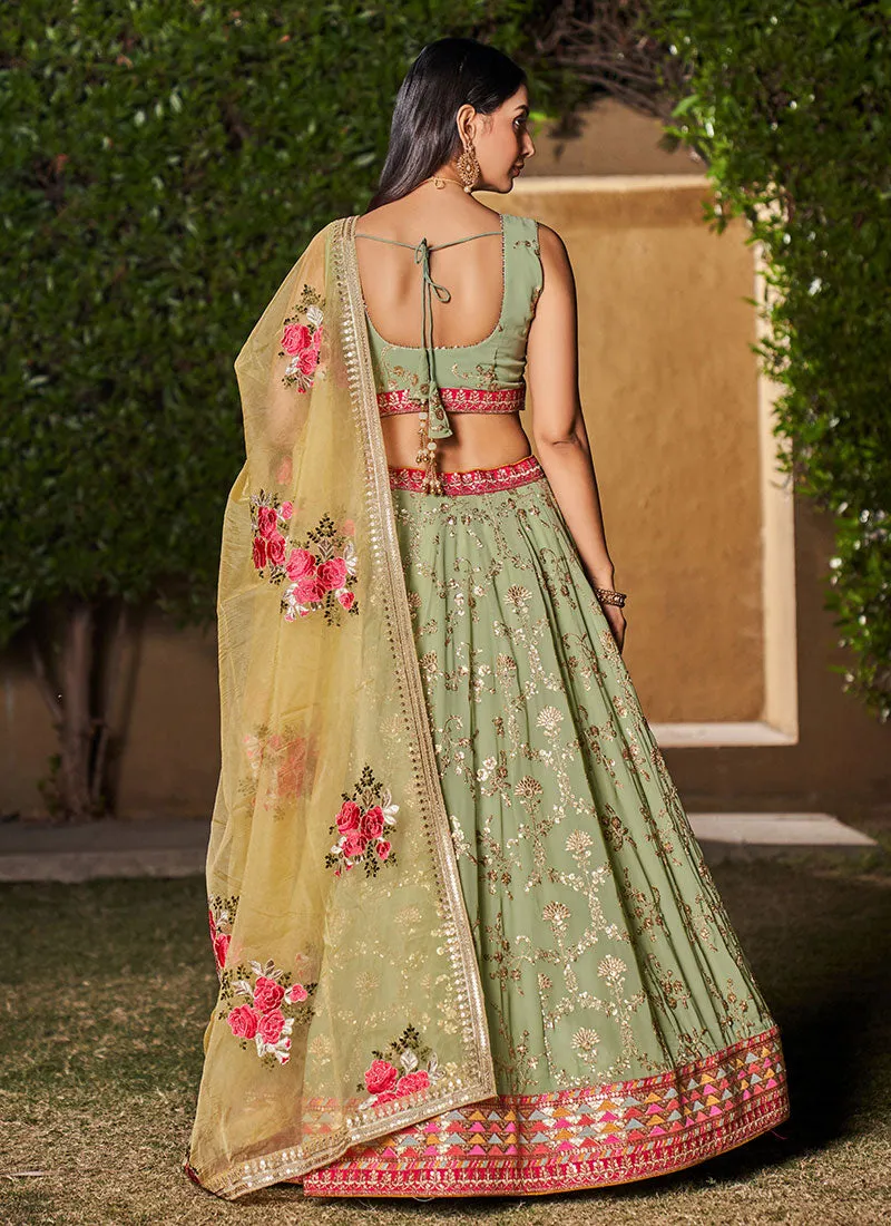 Mint Green Sequence Embroidery Lehenga Choli And Dupatta