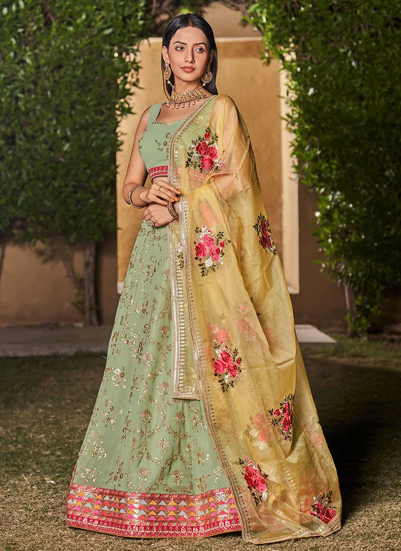 Mint Green Sequence Embroidery Lehenga Choli And Dupatta