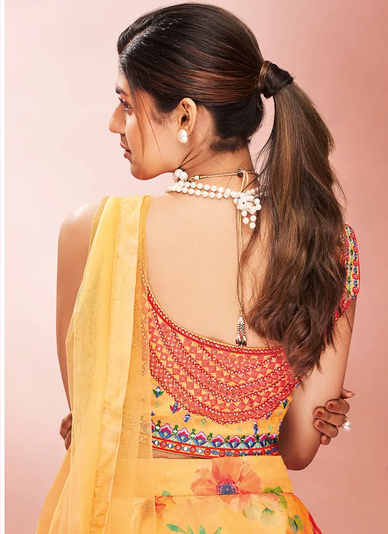 Mustard Yellow Floral Embroidered Lehenga Choli