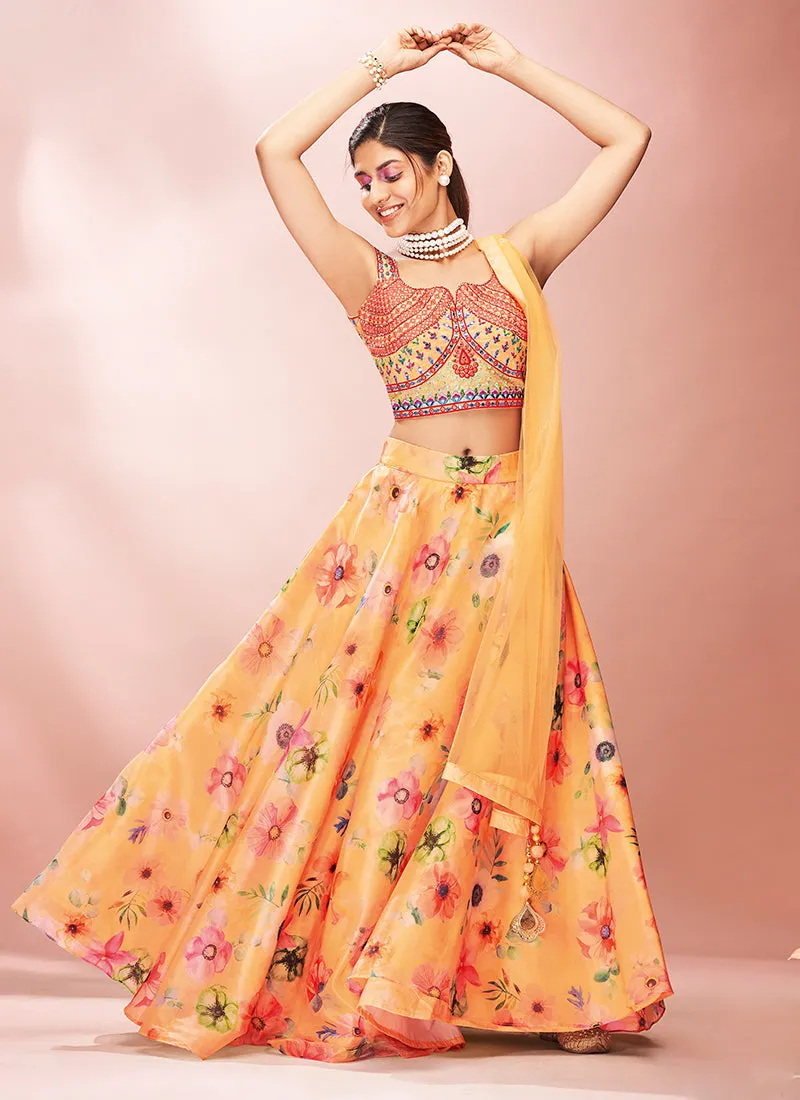 Mustard Yellow Floral Embroidered Lehenga Choli