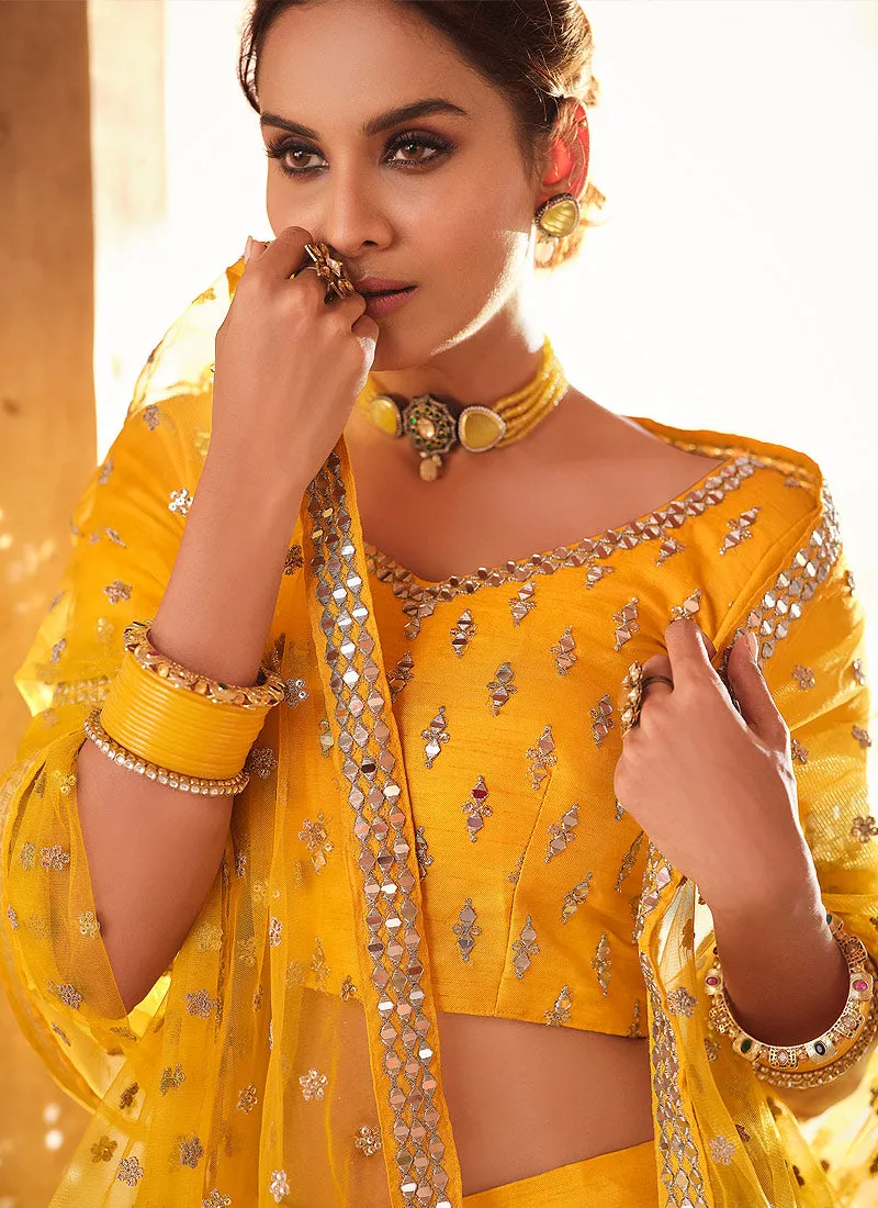 Mustard Yellow Mirror Work Embroidered Silk Lehenga Choli