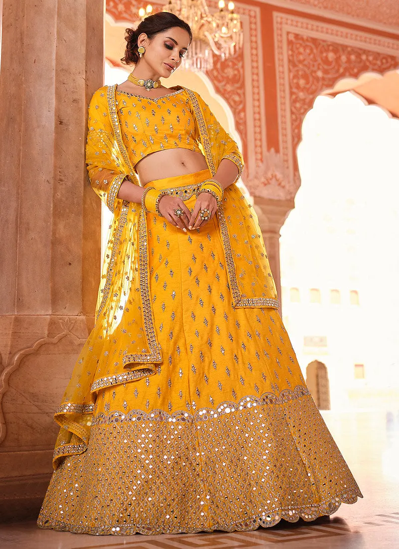 Mustard Yellow Mirror Work Embroidered Silk Lehenga Choli
