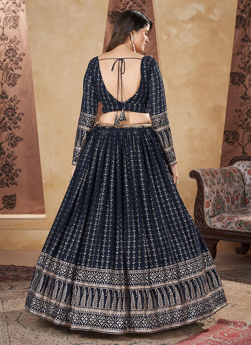 Navy Blue Foil Printed Wedding Lehenga Choli