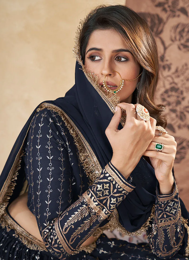 Navy Blue Foil Printed Wedding Lehenga Choli