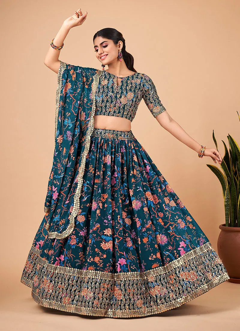 Navy Blue Sequence Embroidery Floral Festive Lehenga Choli