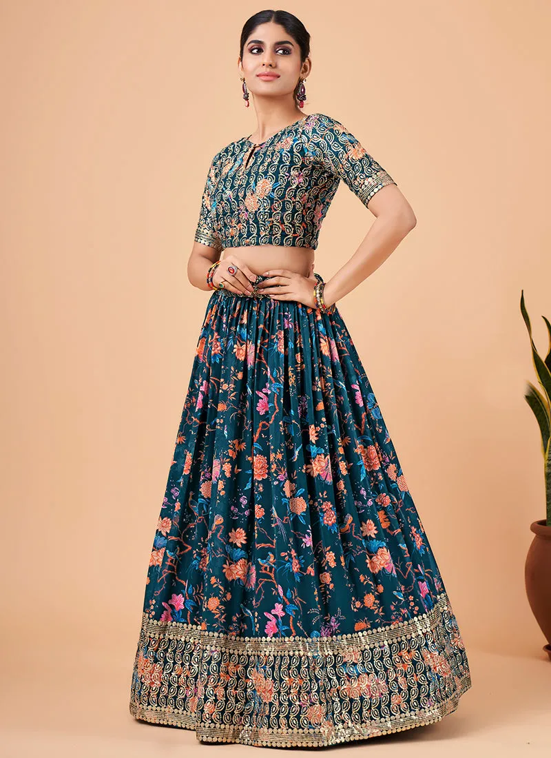 Navy Blue Sequence Embroidery Floral Festive Lehenga Choli