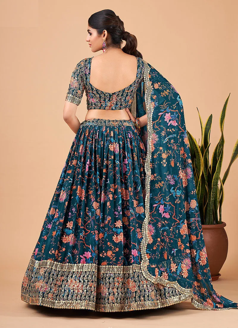 Navy Blue Sequence Embroidery Floral Festive Lehenga Choli
