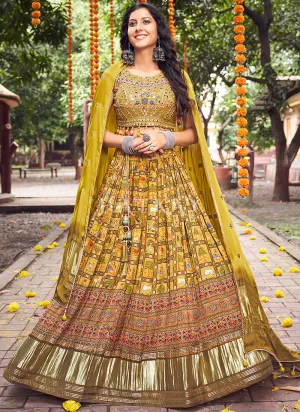 Ochre Yellow Multi Mirror Work Embroidery Satin Lehenga Choli