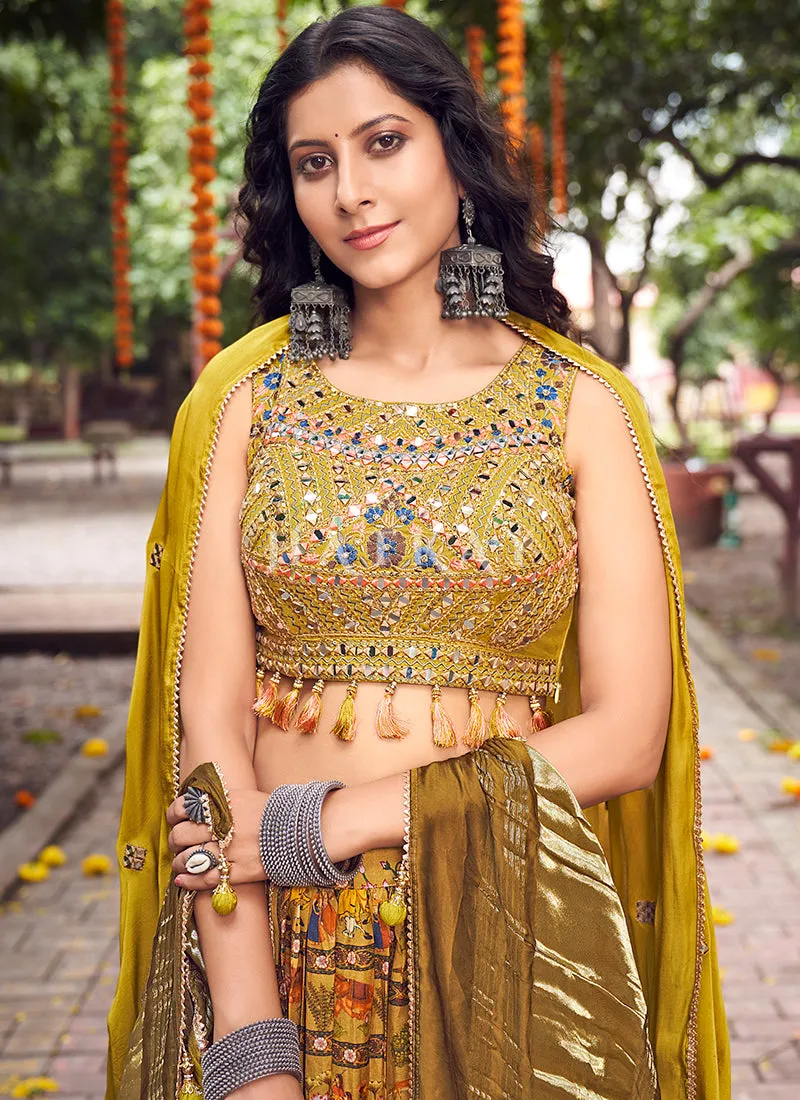 Ochre Yellow Multi Mirror Work Embroidery Satin Lehenga Choli