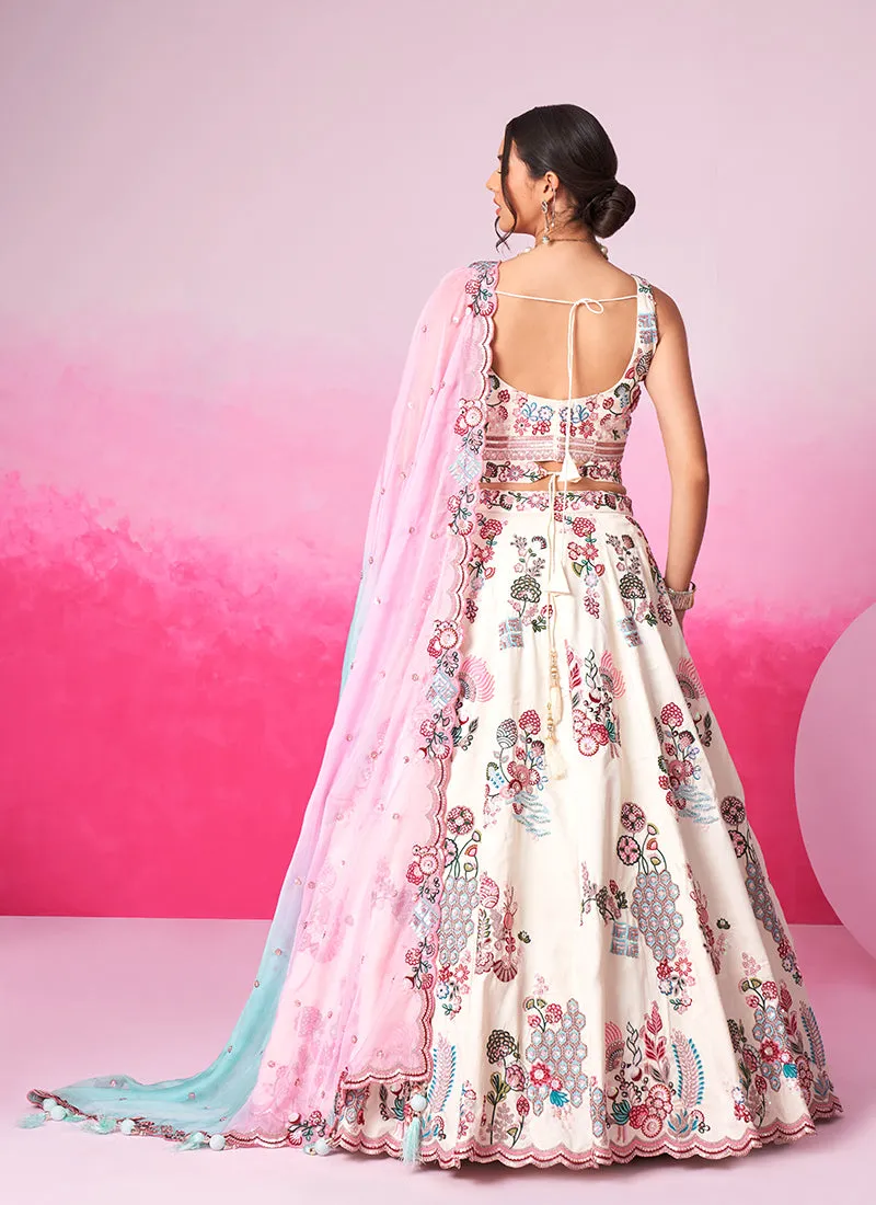 Off White And Blue Embroidery Festive Lehenga Choli
