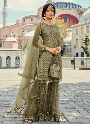 Olive Green Embroidered Designer Gharara Suit