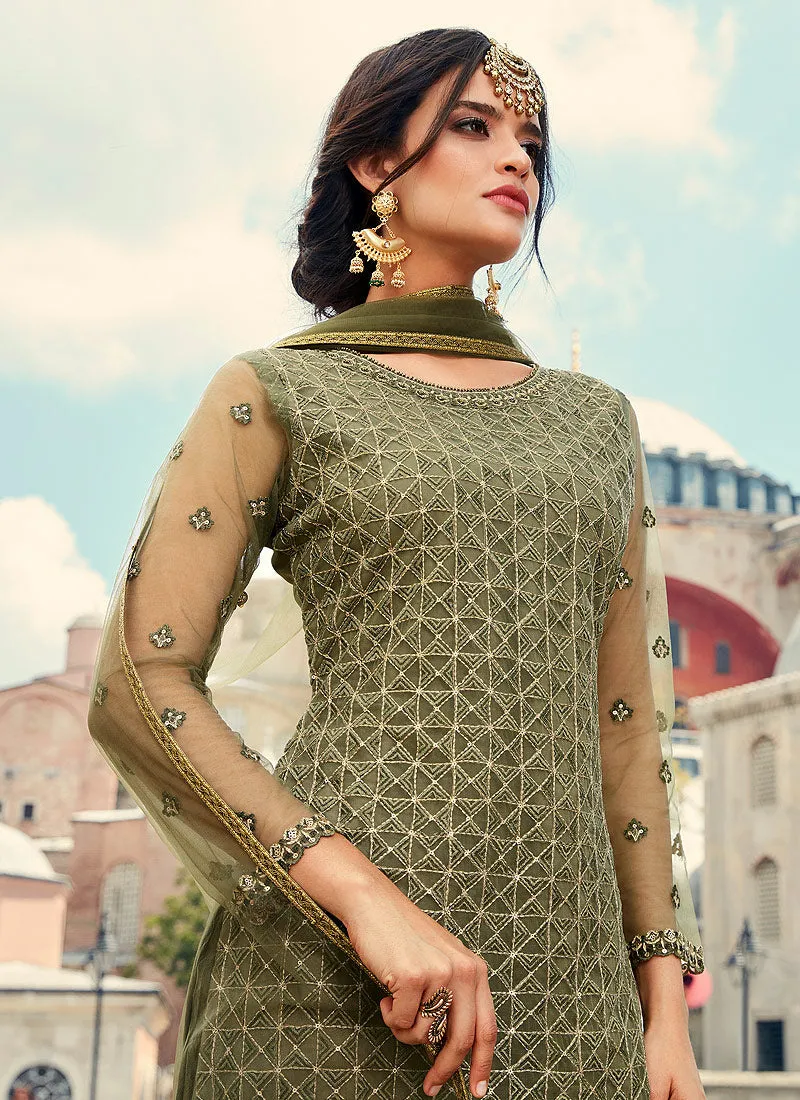 Olive Green Embroidered Designer Gharara Suit