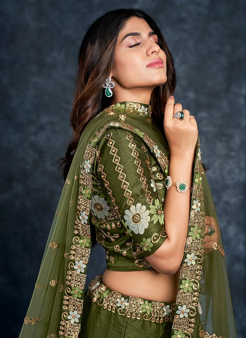 Olive Green Multi Embroidery Silk Wedding Lehenga Choli