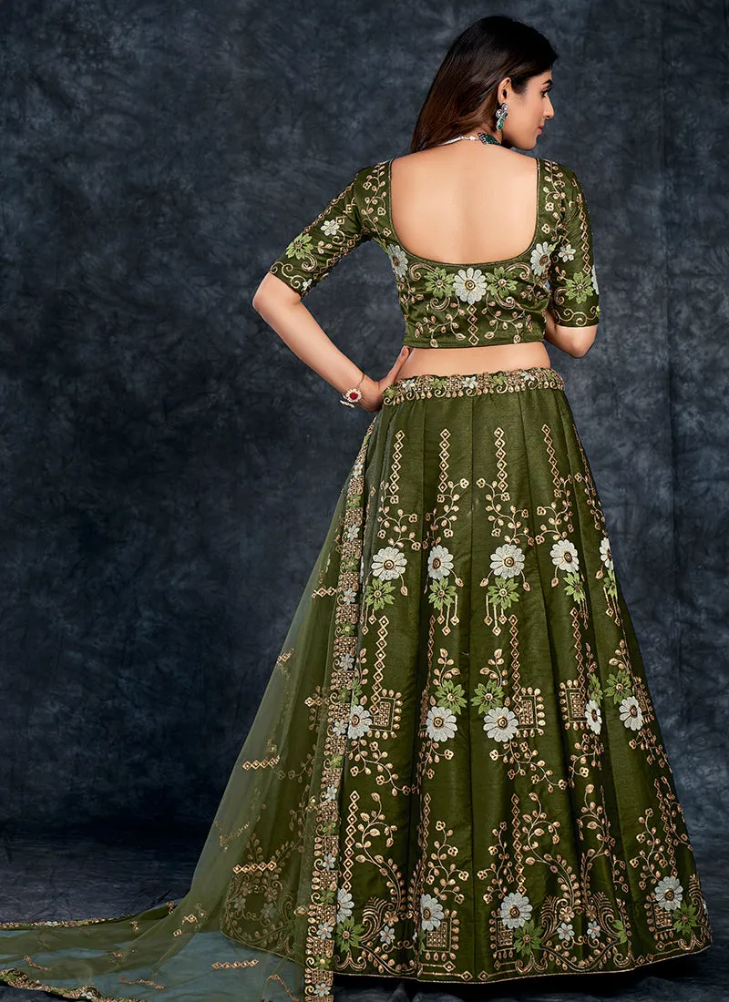 Olive Green Multi Embroidery Silk Wedding Lehenga Choli