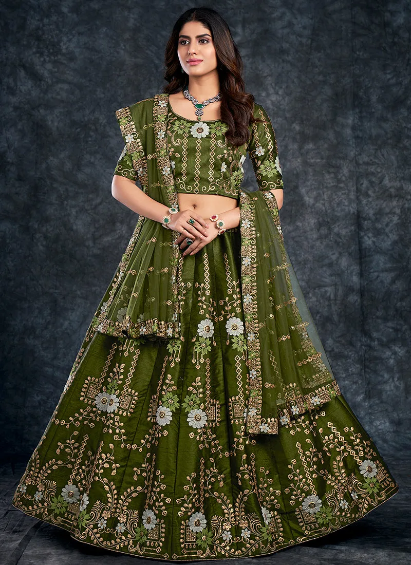 Olive Green Multi Embroidery Silk Wedding Lehenga Choli